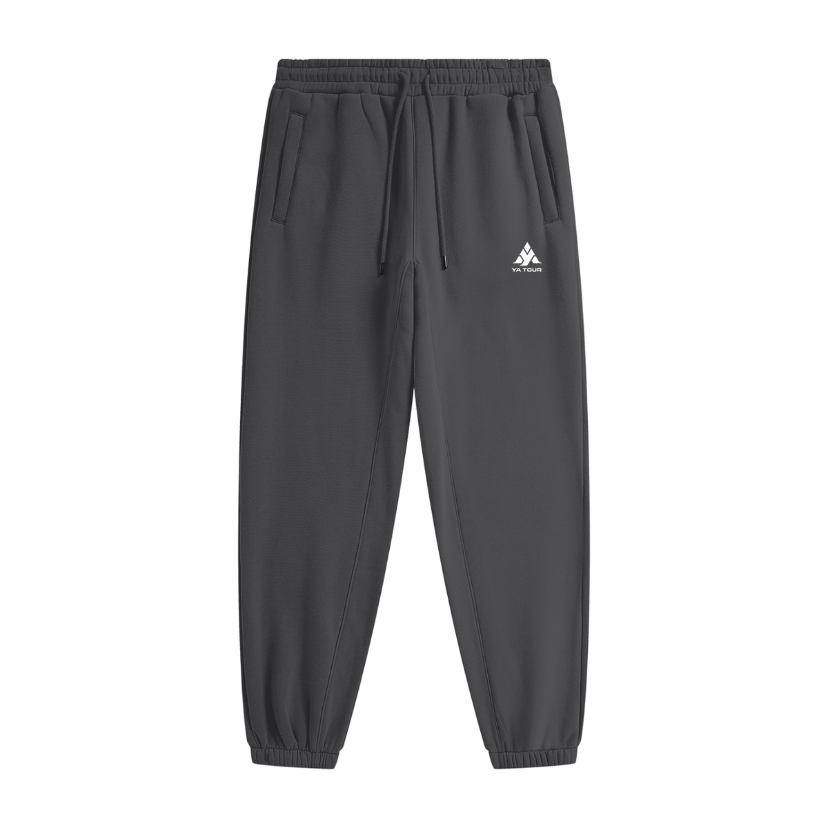 YA TOUR Unisex Heavyweight Fleece Joggers – Dark Gray, front flat lay showing mid-rise elastic waistband with drawstring, side pockets, tapered cuff and YA TOUR logo