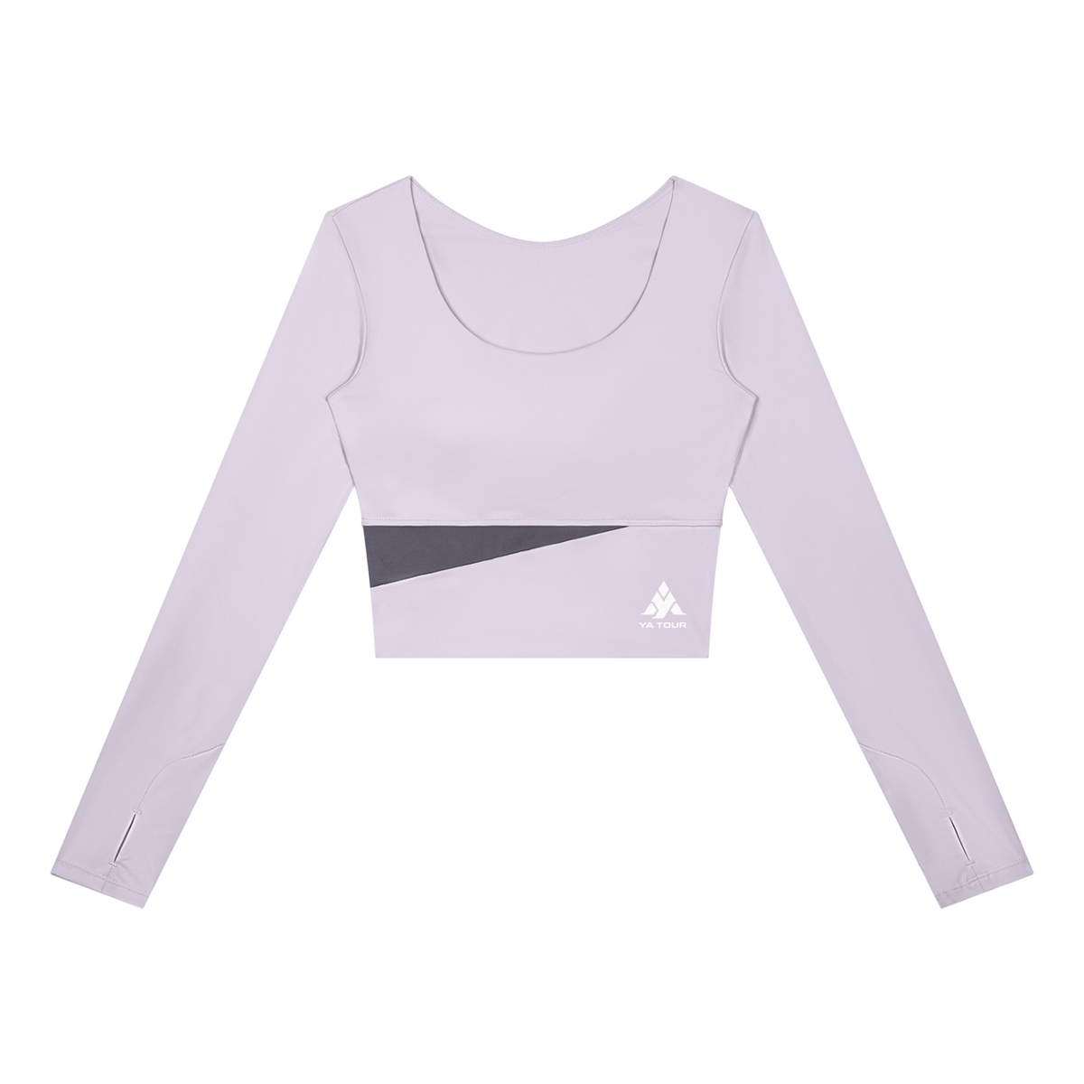 YA TOUR Women's Panelled Long Sleeve Tennis T-Shirt – Light Purple with Deep Purple panel, front flat lay showing U-neck, thumb hole cuffs and YA TOUR logo