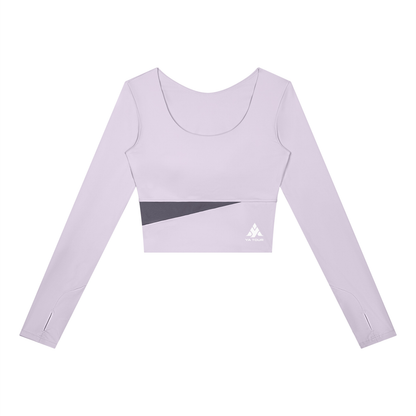 YA TOUR Women's Panelled Long Sleeve Tennis T-Shirt – Light Purple with Deep Purple panel, front flat lay showing U-neck, thumb hole cuffs and YA TOUR logo