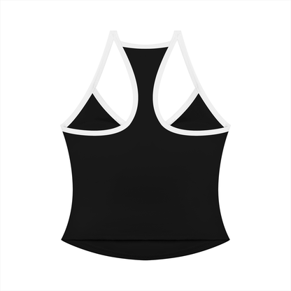 YA TOUR Women's Color Block Yoga Tank Top – Black with white color block trim, front flat lay showing V-neck, racerback design and YA TOUR logo on chest