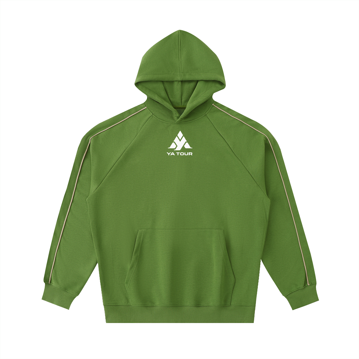 YA TOUR Contrast Piping Raglan Hoodie avocado green — front view with contrast piping on raglan sleeves and YA TOUR logo on chest