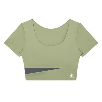 YA TOUR Women's Panelled Crop Tennis T-Shirt – Bean Green with Dark Gray diagonal panel, front flat lay showing U-neck, short sleeve crop fit and YA TOUR logo on hem