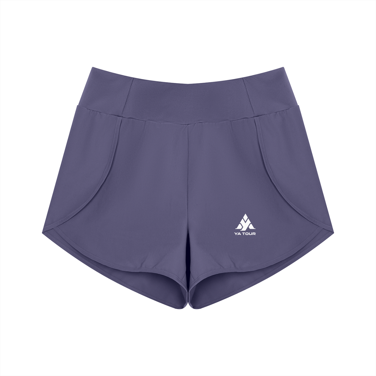 YA TOUR Women's High Rise Shorts misty purple — front view with YA TOUR logo
