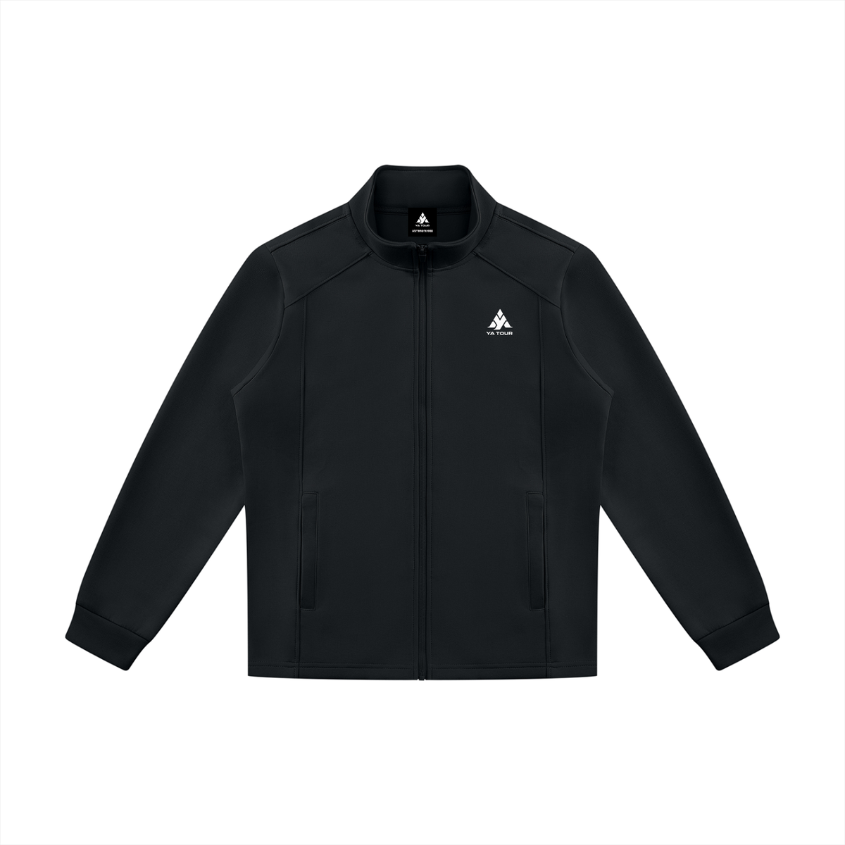 YA TOUR Unisex Stand Collar Track Jacket – Black, front flat lay showing stand collar, full-zip closure and slash pockets