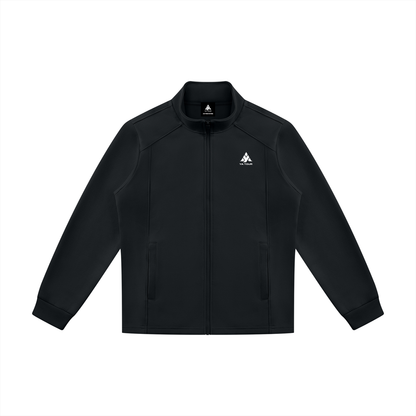 YA TOUR Unisex Stand Collar Track Jacket – Black, front flat lay showing stand collar, full-zip closure and slash pockets