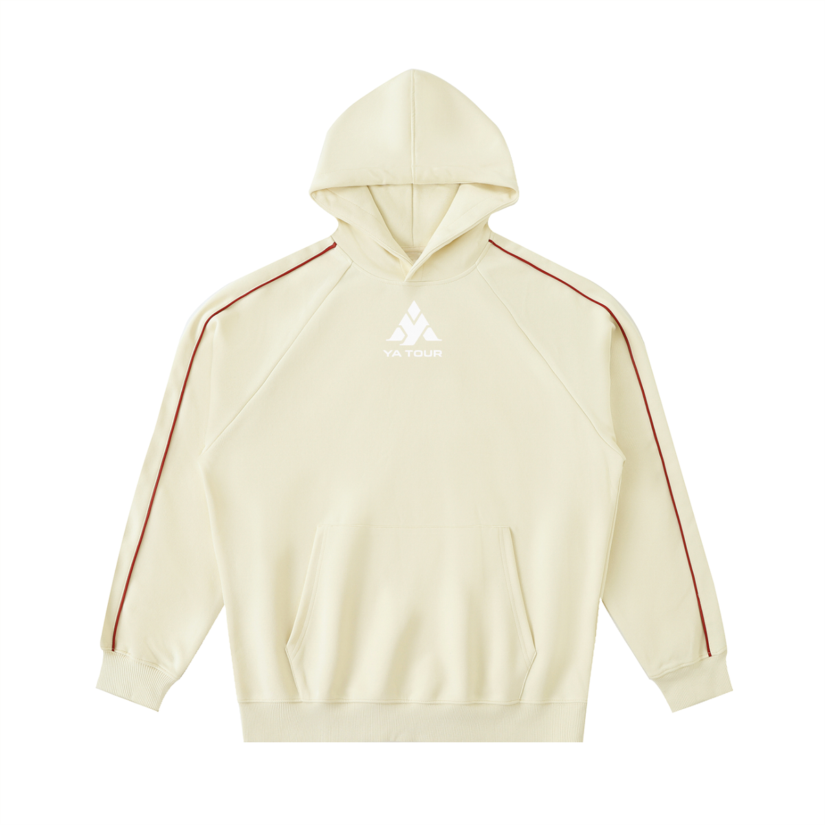 YA TOUR Contrast Piping Raglan Hoodie apricot — front view with contrast piping on raglan sleeves and YA TOUR logo on chest