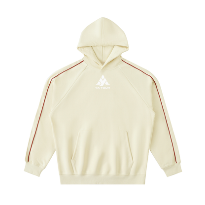YA TOUR Contrast Piping Raglan Hoodie apricot — front view with contrast piping on raglan sleeves and YA TOUR logo on chest