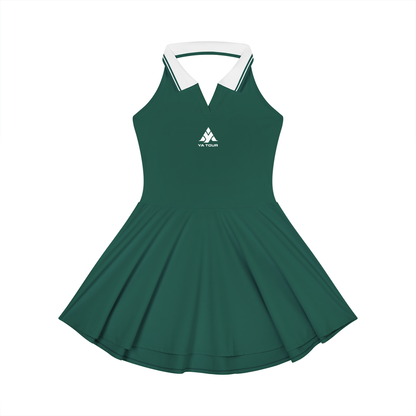 YA TOUR Women's Collared Halter A-Line Tennis Dress blackish green — front view with white collared neckline and YA TOUR logo on chest