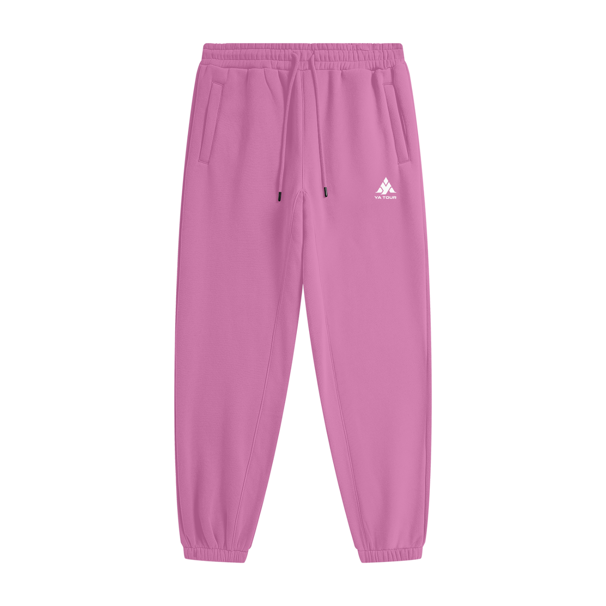 YA TOUR Unisex Heavyweight Fleece Joggers – Rose Pink, front flat lay showing mid-rise elastic waistband with drawstring, side pockets, tapered cuff and YA TOUR logo
