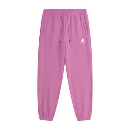 YA TOUR Unisex Heavyweight Fleece Joggers – Rose Pink, front flat lay showing mid-rise elastic waistband with drawstring, side pockets, tapered cuff and YA TOUR logo