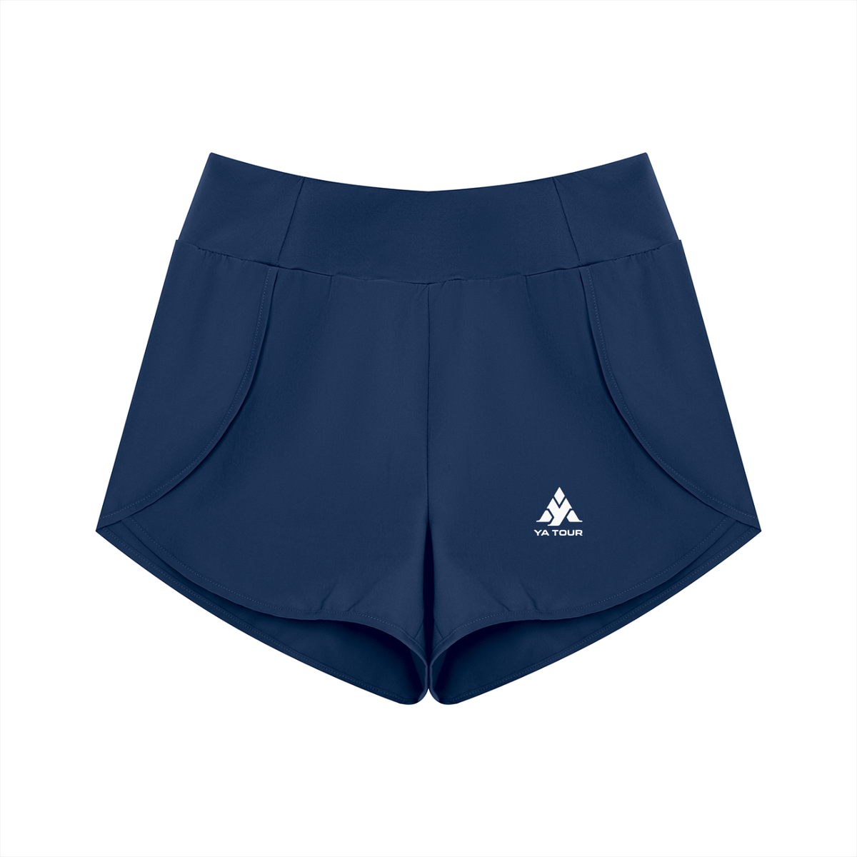 YA TOUR Women's High Rise Shorts navy blue — front view with YA TOUR logo and wide waistband