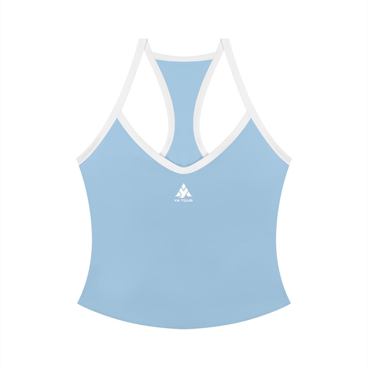 YA TOUR Women's Color Block Yoga Tank Top – Sky Blue with white color block trim, front flat lay showing V-neck, racerback design and YA TOUR logo on chest