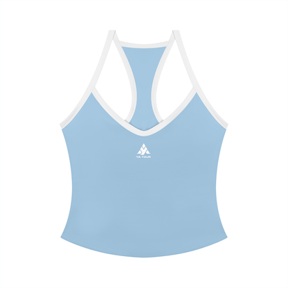 YA TOUR Women's Color Block Yoga Tank Top – Sky Blue with white color block trim, front flat lay showing V-neck, racerback design and YA TOUR logo on chest