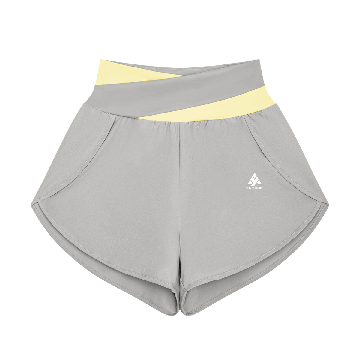YA TOUR Women's Tennis Panelled Shorts – Light Gray with Light Yellow crossover color block waistband, front flat lay showing high-waist design, inner liner and overlay construction