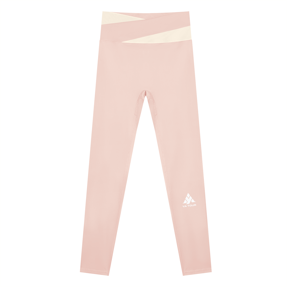 YA TOUR Women's Color Block Tennis Leggings – Light Pink with Apricot color block waistband, front flat lay showing high-waist design and YA TOUR logo on leg