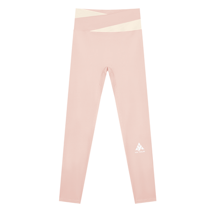 YA TOUR Women's Color Block Tennis Leggings – Light Pink with Apricot color block waistband, front flat lay showing high-waist design and YA TOUR logo on leg