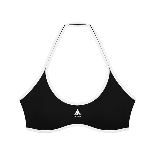 YA TOUR Women's Halter Color Block Sports Bra – Black colorway, front flat lay showing halter tie neck, color block trim and built-in cup pad with logo YA TOUR.