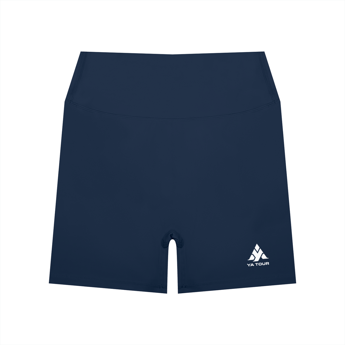 YA TOUR Women's High Waisted Shorts – Navy Blue, front view with YA TOUR logo