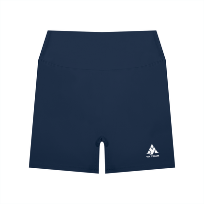 YA TOUR Women's High Waisted Shorts – Navy Blue, front view with YA TOUR logo