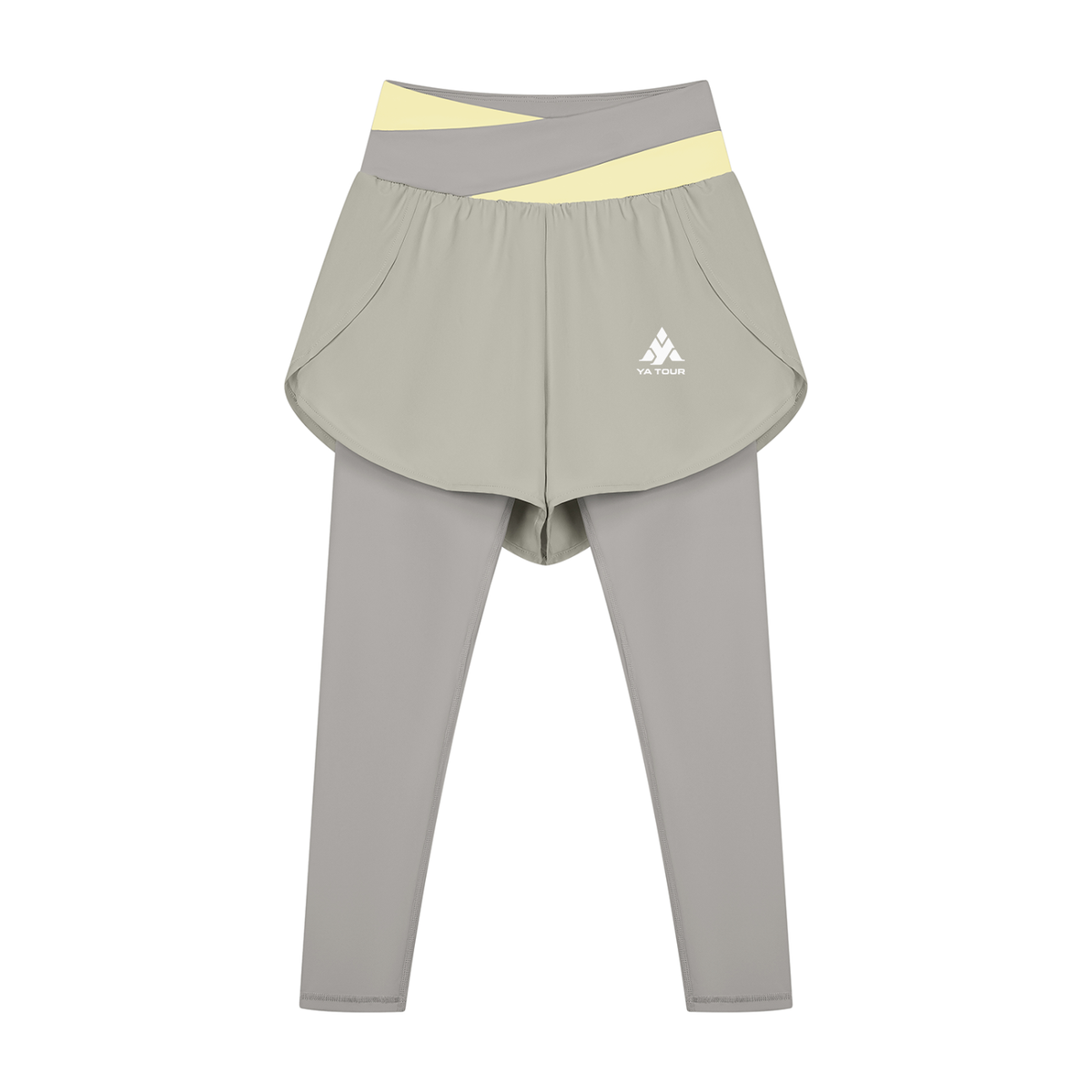 YA TOUR Women's Paneled High Waisted Shorts – Light Coffee with Apricot, front view with logo YA TOUR