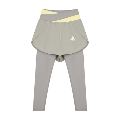 YA TOUR Women's Paneled High Waisted Shorts – Light Coffee with Apricot, front view with logo YA TOUR