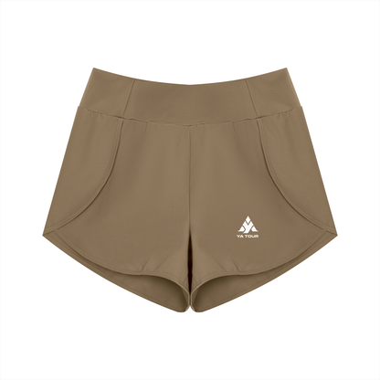 
YA TOUR Women's High Rise Shorts brown — front view with YA TOUR logo and wide high waistband