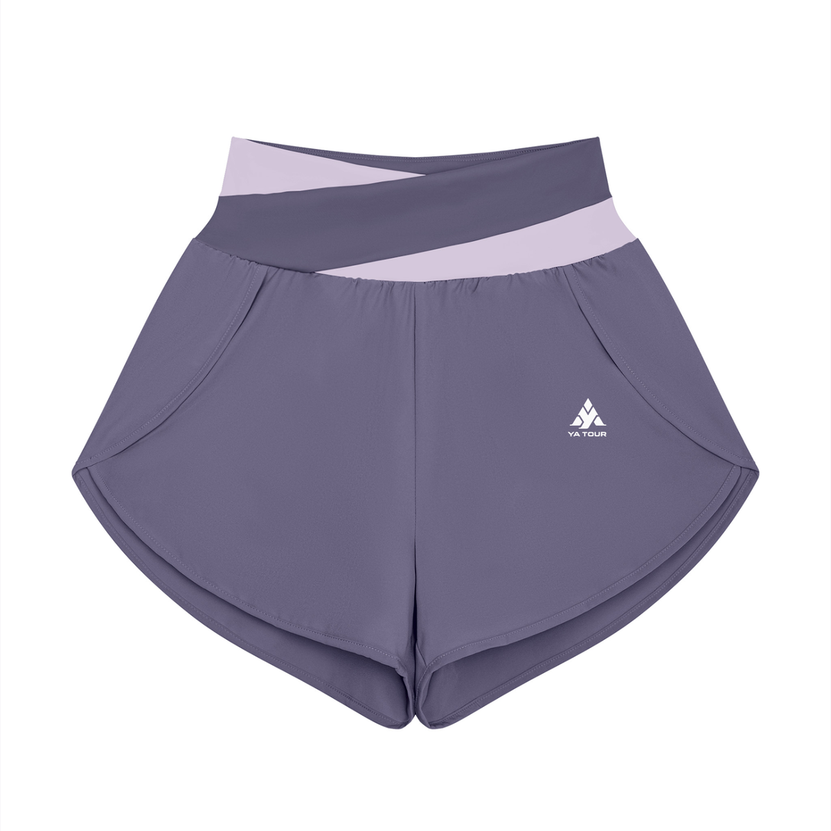 YA TOUR Women's Tennis Panelled Shorts – Misty Purple with Gray Purple crossover color block waistband, front flat lay showing high-waist design, inner liner and overlay construction