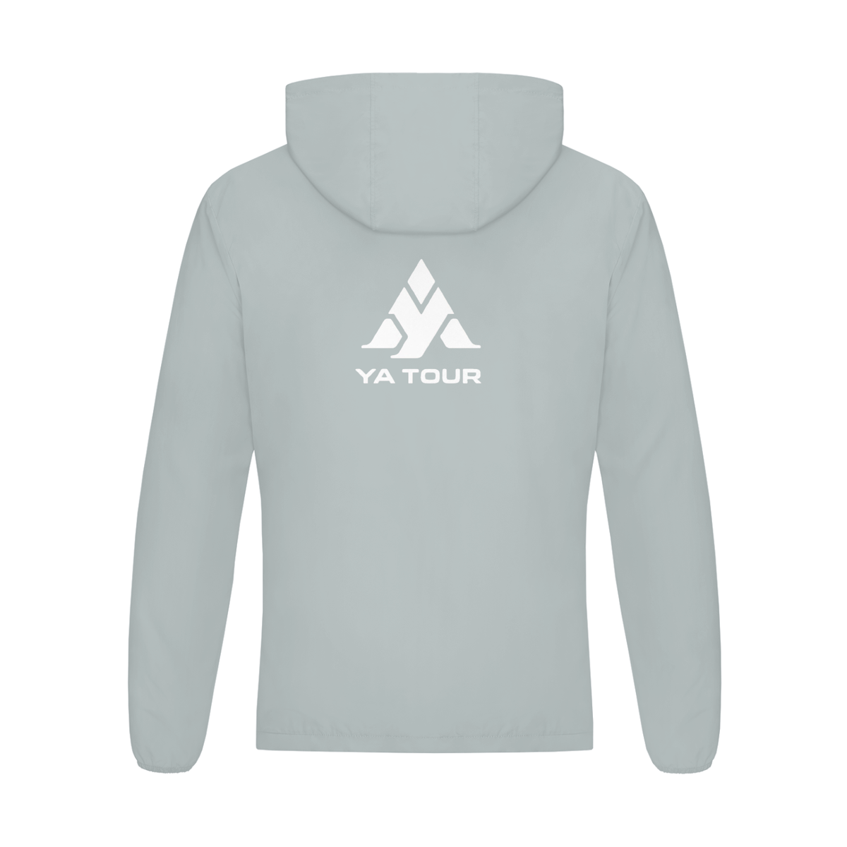 YA TOUR Soft Hooded Sports Tennis Jacket – Light Gray, back flat lay showing hood, YA TOUR logo on back and clean construction, white studio background