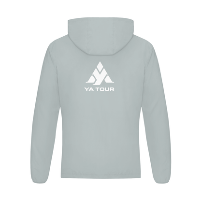 YA TOUR Soft Hooded Sports Tennis Jacket – Light Gray, back flat lay showing hood, YA TOUR logo on back and clean construction, white studio background