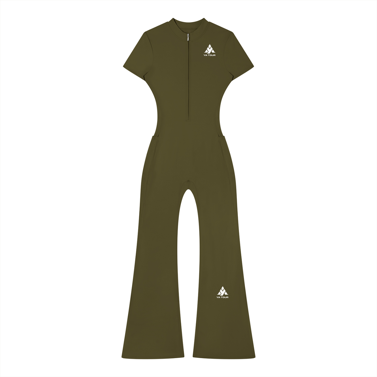 YA TOUR Women's Tight Flared Leg Quarter-Zip Jumpsuit – Army Green, front view with quarter-zip closure and YA TOUR logo on chest
