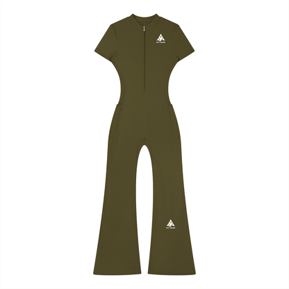 YA TOUR Women's Tight Flared Leg Quarter-Zip Jumpsuit – Army Green, front view with quarter-zip closure and YA TOUR logo on chest