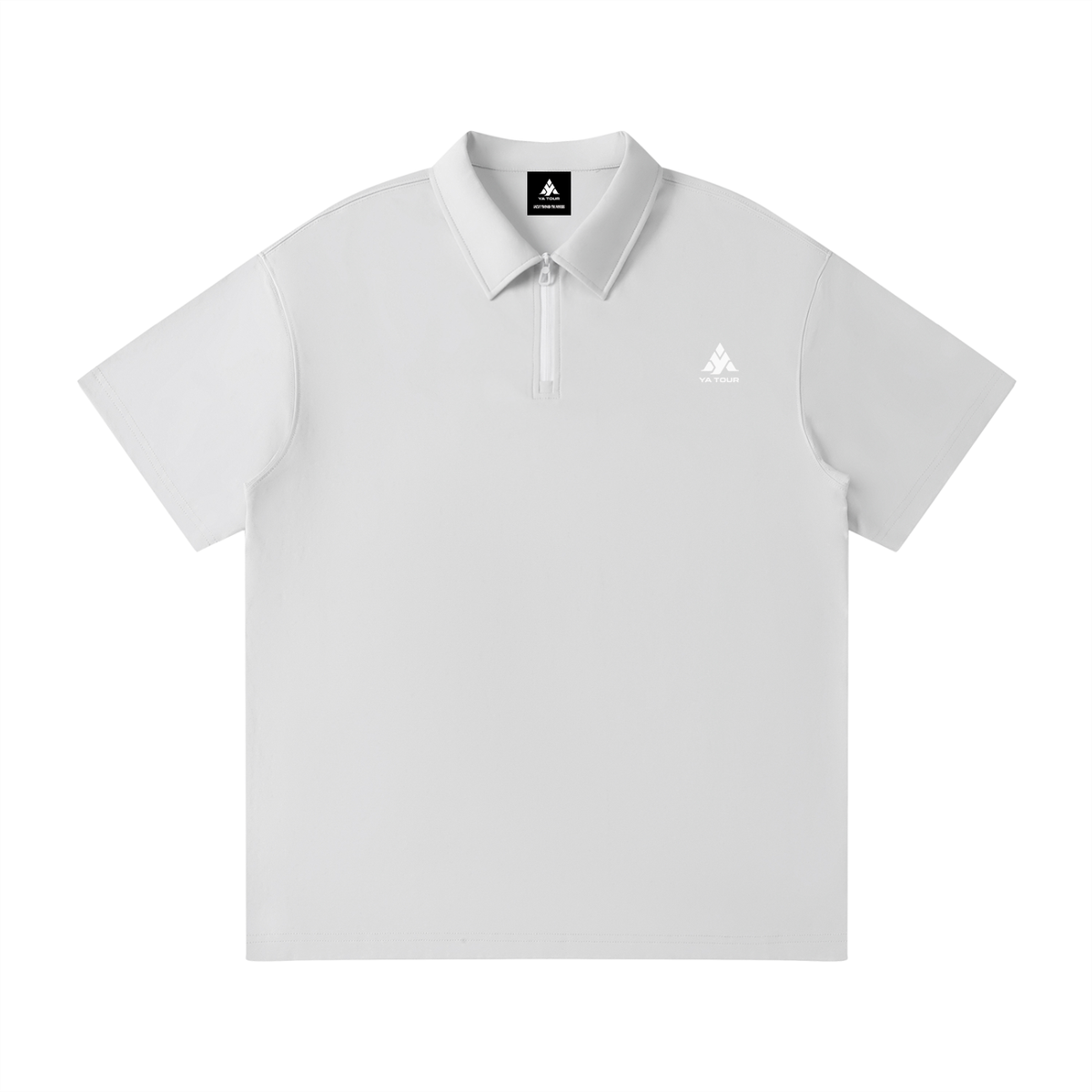 YA TOUR Unisex Quarter-Zip Polo Shirt – Gray, front flat lay showing lapel collar and quarter-zip closure with logo YA TOUR