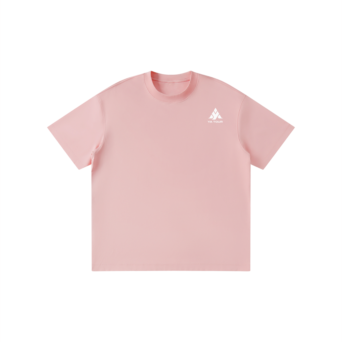 YA TOUR Kid's Solid Crewneck T-Shirt – Pink, front flat lay with YA TOUR logo on left chest, drop shoulder crewneck and short sleeves