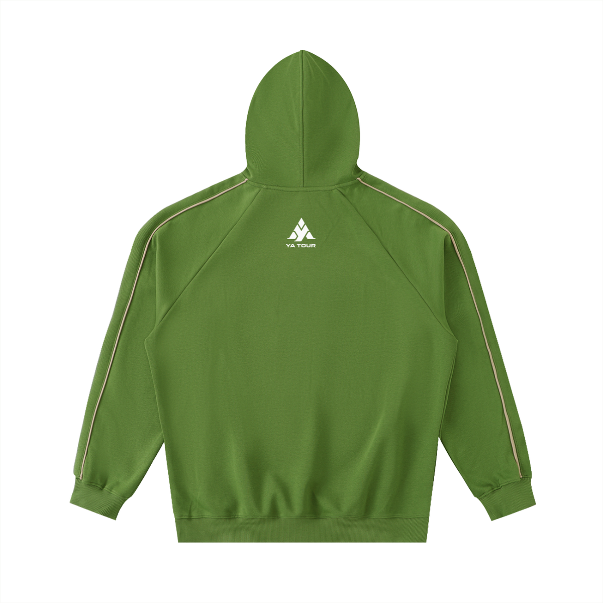 YA TOUR Contrast Piping Raglan Hoodie avocado green — back view showing contrast piping along raglan seams and YA TOUR logo