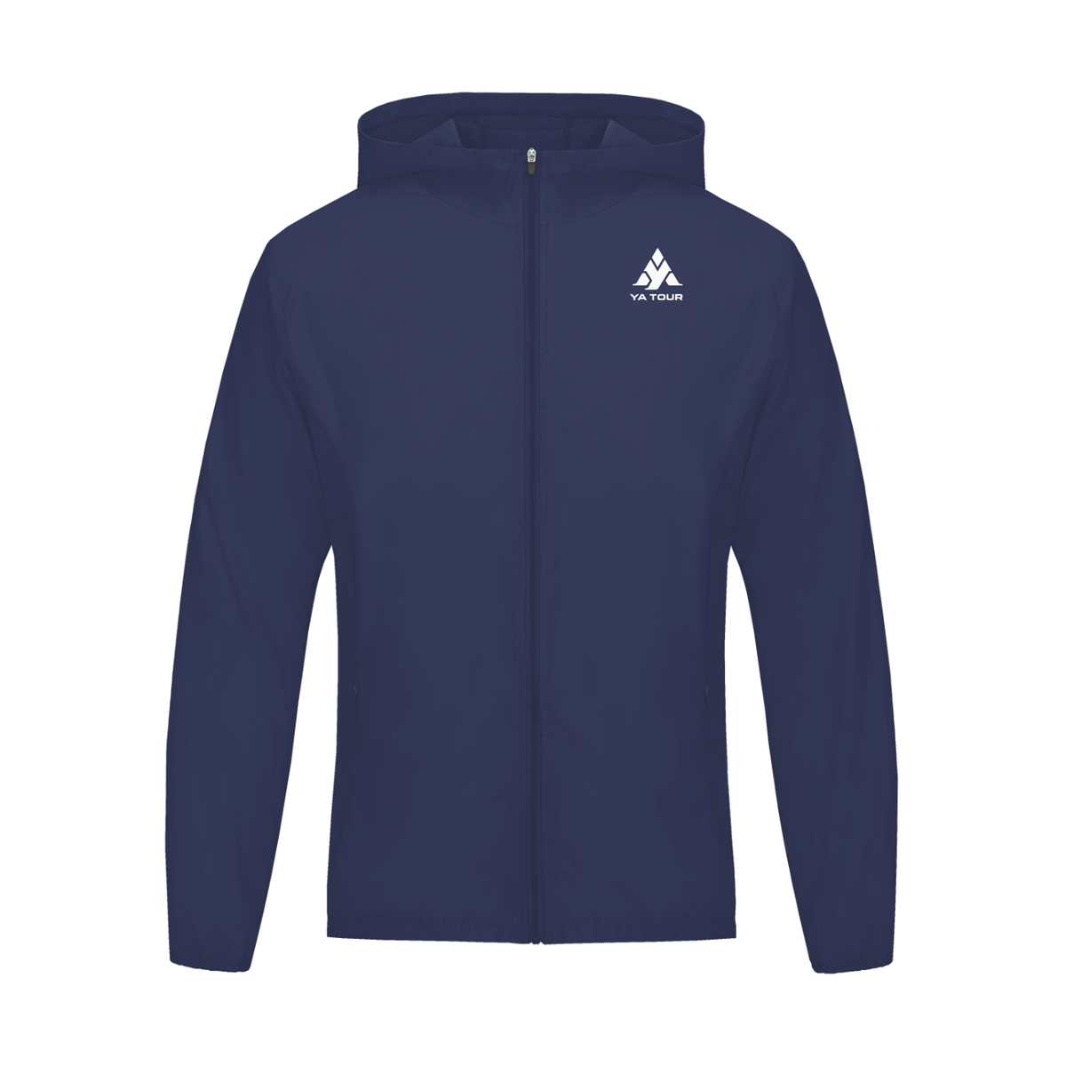YA TOUR Soft Hooded Sports Tennis Jacket – Navy Blue, front flat lay showing full-zip closure, hood and YA TOUR logo on chest, white studio background