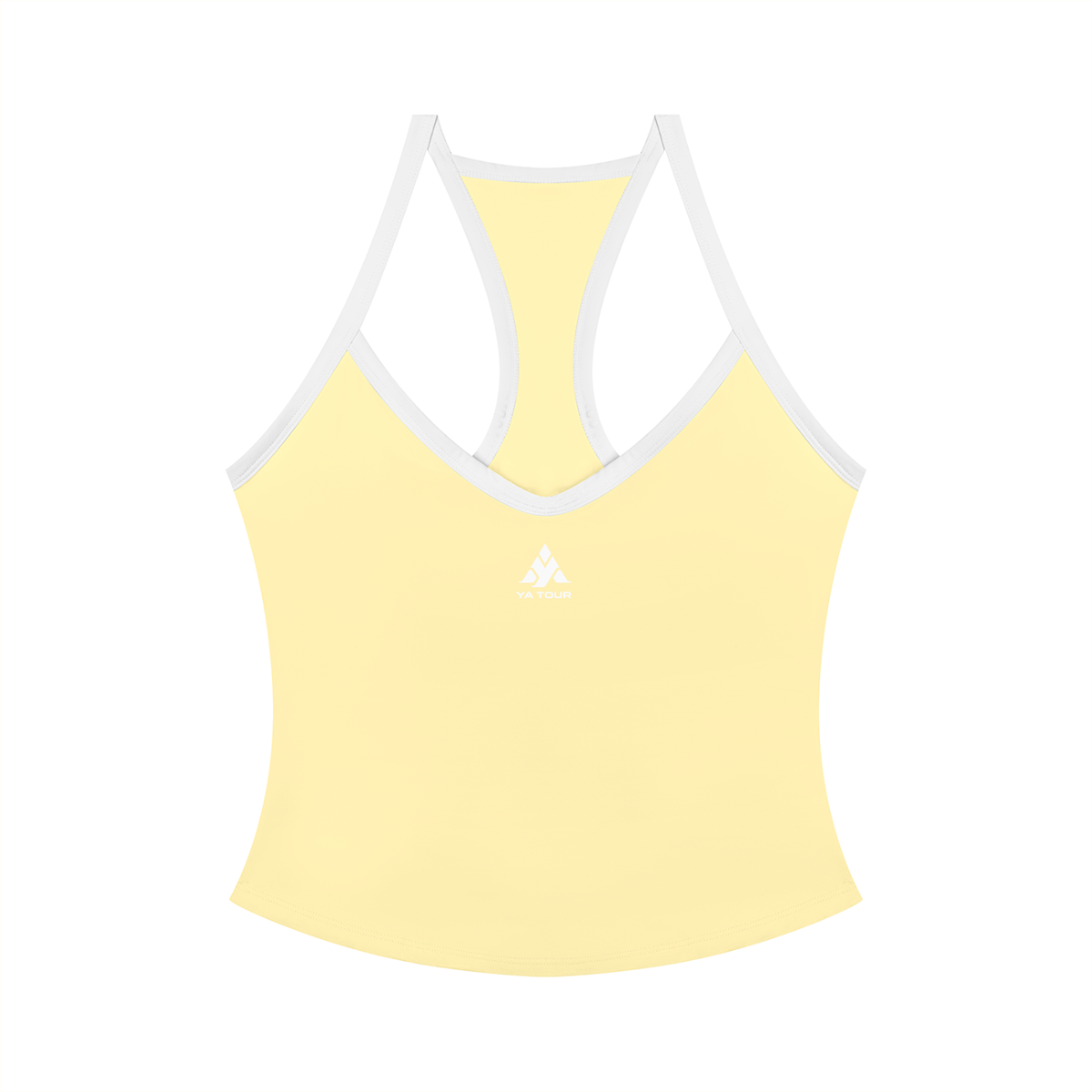 YA TOUR Women's Color Block Yoga Tank Top – Light Yellow with white color block trim, front flat lay showing V-neck, racerback design and YA TOUR logo on chest