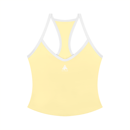 YA TOUR Women's Color Block Yoga Tank Top – Light Yellow with white color block trim, front flat lay showing V-neck, racerback design and YA TOUR logo on chest
