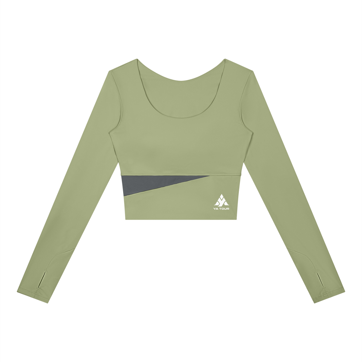 YA TOUR Women's Panelled Long Sleeve Tennis T-Shirt – Bean Green with Dark Gray panel, front flat lay showing U-neck, thumb hole cuffs and YA TOUR logo