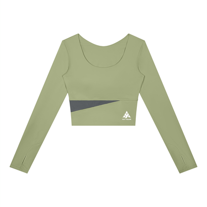 YA TOUR Women's Panelled Long Sleeve Tennis T-Shirt – Bean Green with Dark Gray panel, front flat lay showing U-neck, thumb hole cuffs and YA TOUR logo