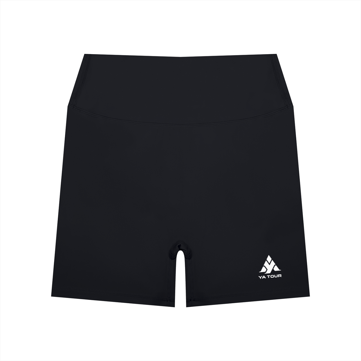 YA TOUR Women's High Waisted Shorts – Black, front view with YA TOUR logo