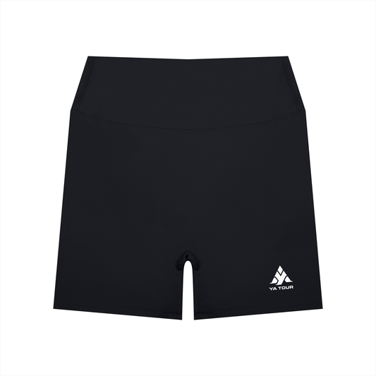 YA TOUR Women's High Waisted Shorts – Black, front view with YA TOUR logo
