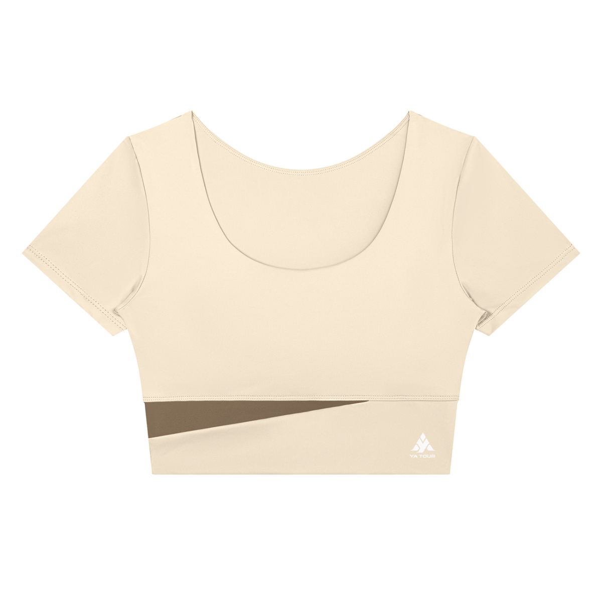YA TOUR Women's Panelled Crop Tennis T-Shirt – Apricot with Khaki diagonal panel, front flat lay showing U-neck, short sleeve crop fit and YA TOUR logo on hem