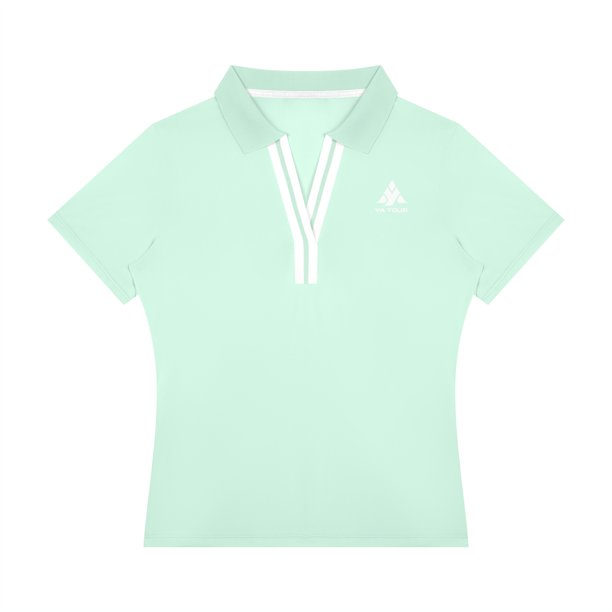 YA TOUR Women's Color Block Polo Shirt mint green — front view with YA TOUR logo and white V-neck contrast stripe