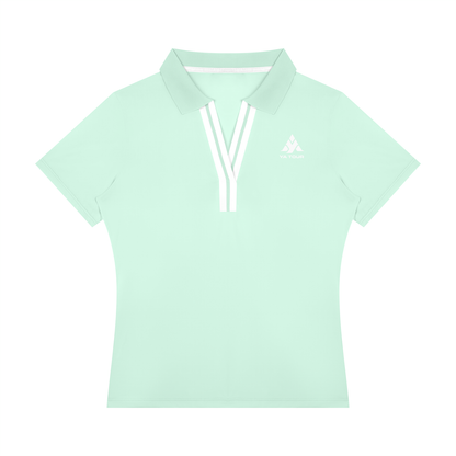 YA TOUR Women's Color Block Polo Shirt mint green — front view with YA TOUR logo and white V-neck contrast stripe