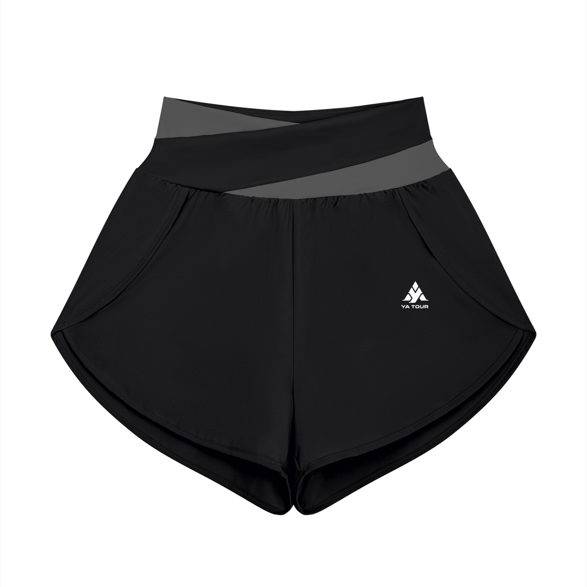YA TOUR Women's Tennis Panelled Shorts – Black with Dark Gray crossover color block waistband, front flat lay showing high-waist design, inner liner and overlay construction