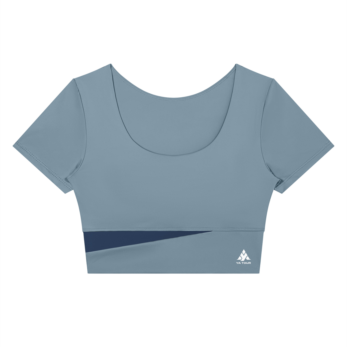 YA TOUR Women's Panelled Crop Tennis T-Shirt – Gray Blue with Navy Blue diagonal panel, front flat lay showing U-neck, short sleeve crop fit and YA TOUR logo on hem
