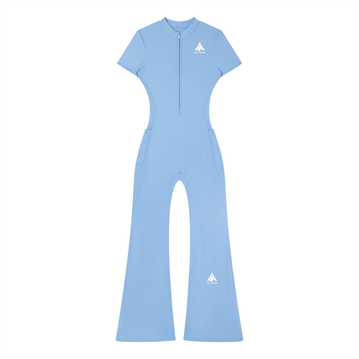 YA TOUR Women's Tight Flared Leg Quarter-Zip Jumpsuit – Blue, front view with quarter-zip closure and YA TOUR logo on chest