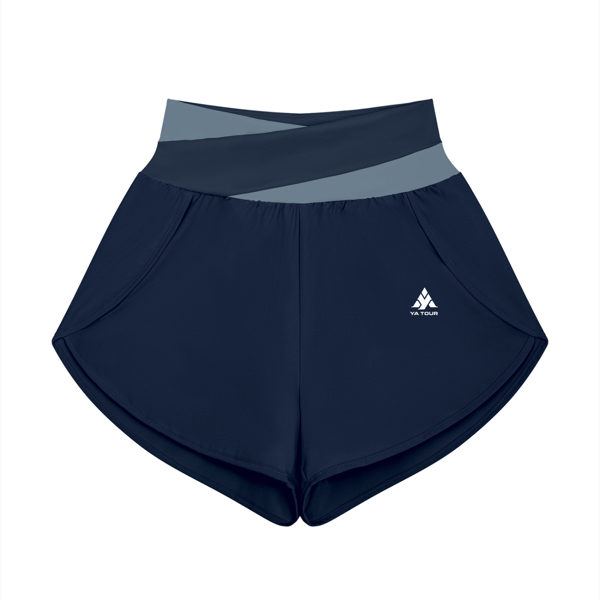 YA TOUR Women's Tennis Panelled Shorts – Navy Blue with Gray Blue crossover color block waistband, front flat lay showing high-waist design, inner liner and overlay construction