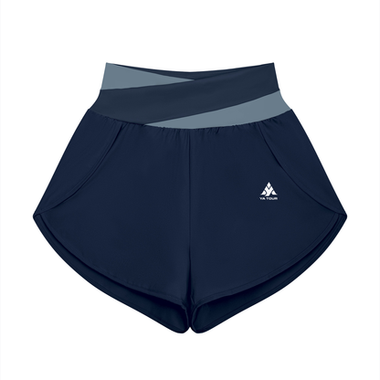 YA TOUR Women's Tennis Panelled Shorts – Navy Blue with Gray Blue crossover color block waistband, front flat lay showing high-waist design, inner liner and overlay construction