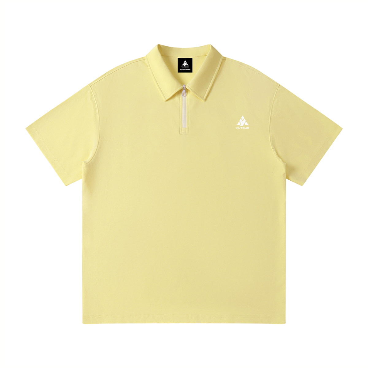 YA TOUR Unisex Quarter-Zip Polo Shirt – Light Yellow, front flat lay with YA TOUR logo on chest and quarter-zip collar